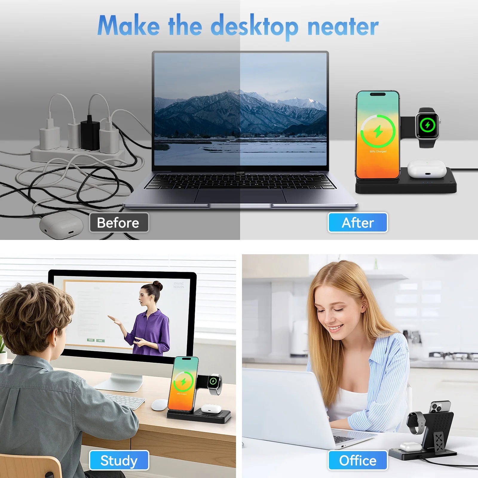 Charging Station, Wirelss Charger, Magnetic Charging Station Compatible with Iphone 16 15 14 13 12 11 Pro Max XS XR, for Iwatch Series 9 8 7 6 5 4 3 2 SE, for Airpods 3 2 Pro